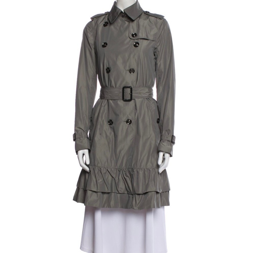 Burberry London Double Breasted Belted Gray Green Ruffled Trench Coat Sz US 6